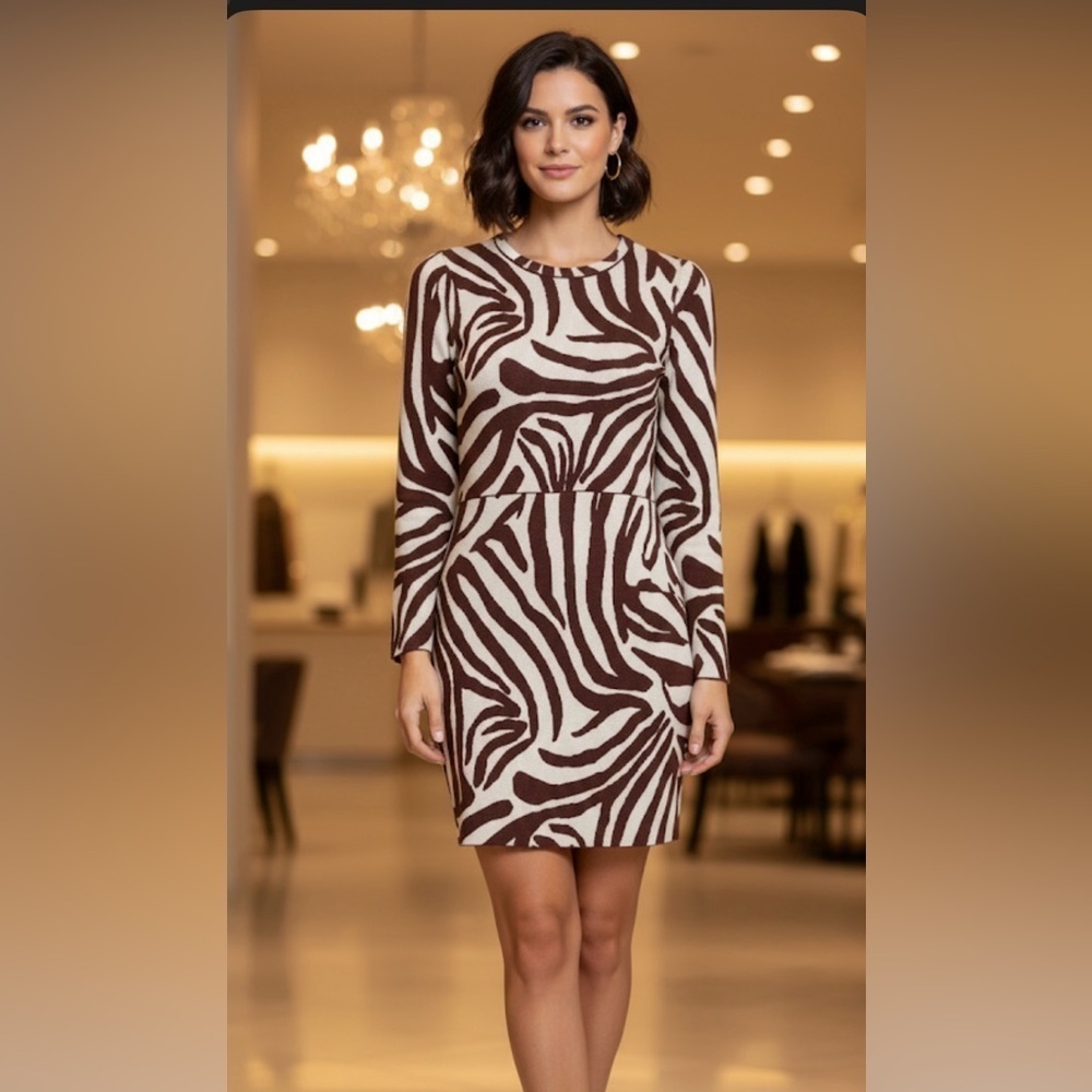 SAYLOR Brown and White Long Sleeve Sheath Dress